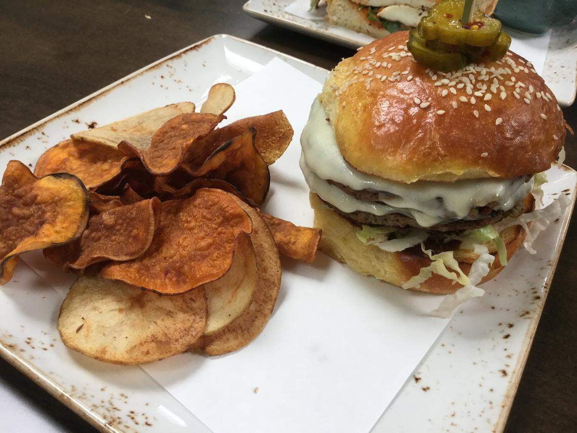 Epping’s version of the Impossible Burger has two patties and two slices of cheese and comes on a housemade bun, with housemade bread and butter pickles. And housemade chips. Or you can order handcut fries.