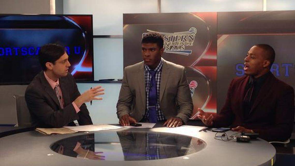 Former UK player Kelenna Azubuike, center, worked on in-studio analysis at Syracuse. "He  really had an on-camera presence," said Syracuse play-by-play broadcaster Matt Park.     
