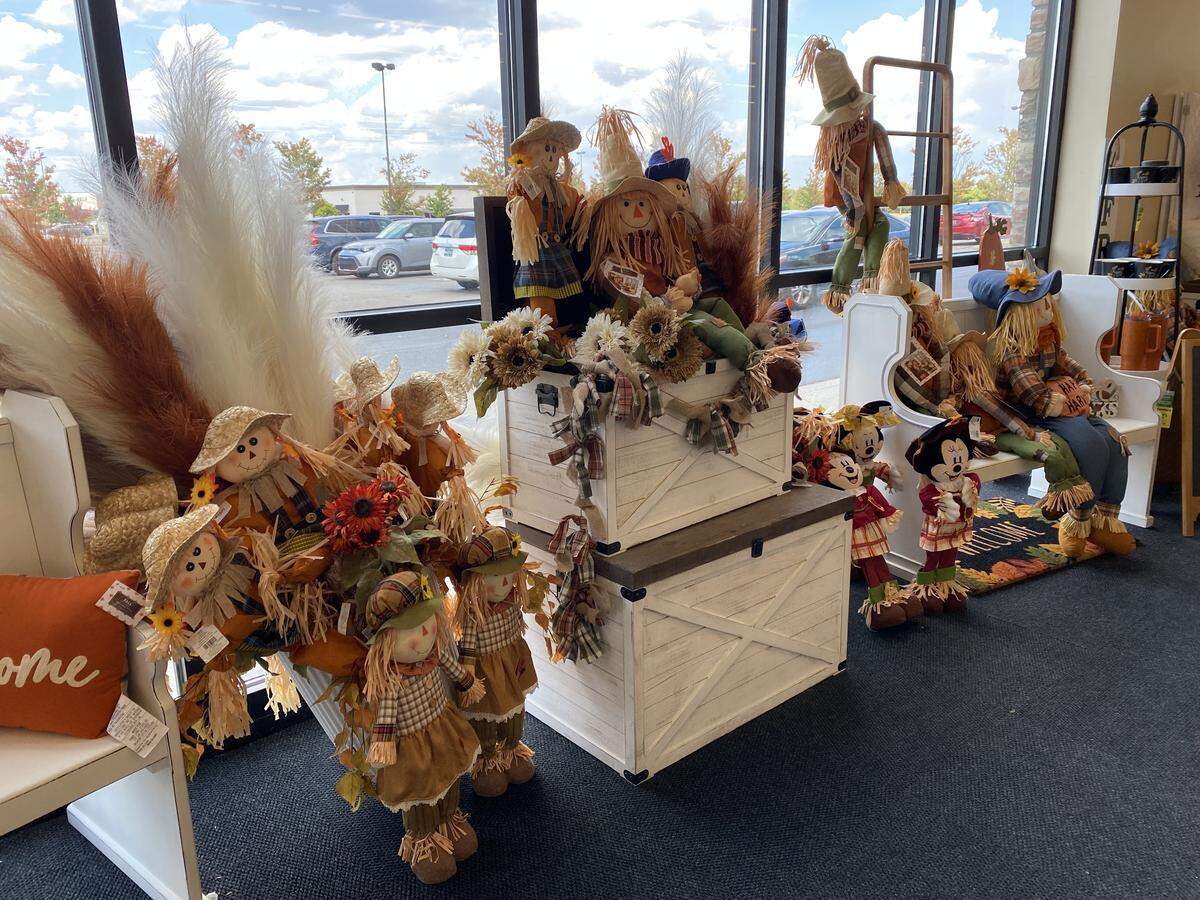 The enclosed entryway at Hobby Lobby in Nicholasville, Ky., is decorated with a scarecrow display on Sept. 3, 2025.