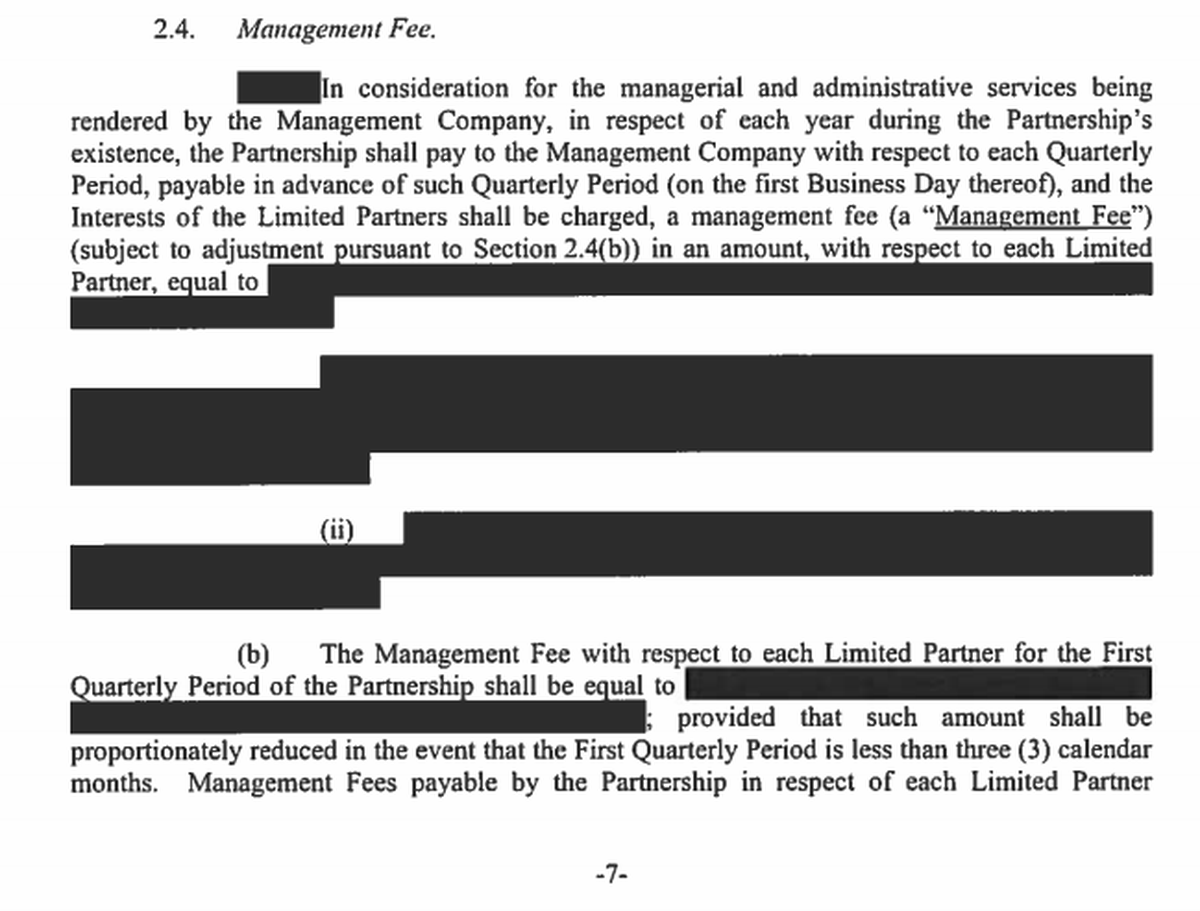 A heavily redacted page from the investment contract between Kentucky Retirement Systems and Cerberus Capital Management