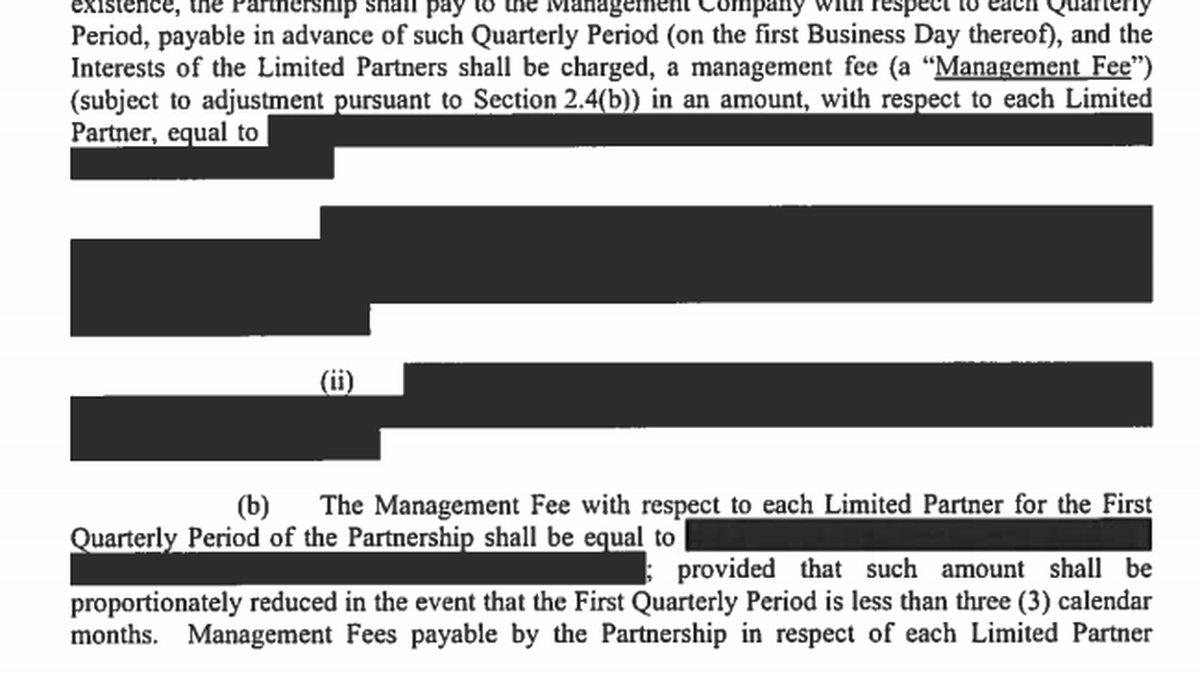 A heavily redacted page from the investment contract between the Kentucky Retirement Systems and Cerberus Capital Management.