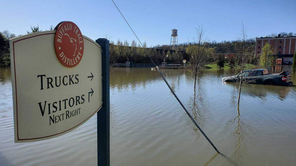Buffalo Trace Distillery and portions of Wilkinson Blvd. under water after recent storms brought floods to Frankfort. April 8, 2025.