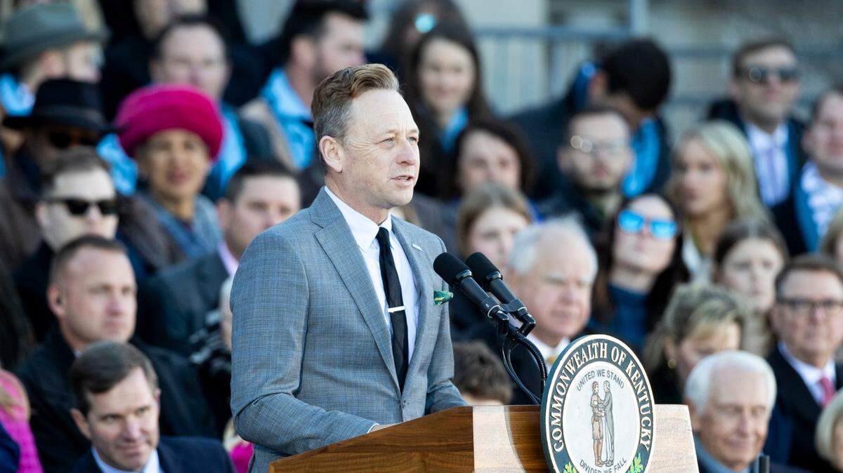 Poet Laureate of Kentucky Silas House recites a poem during the second inauguration of Gov. Andy Beshear at the capitol in Frankfort, Ky, December 12, 2023.