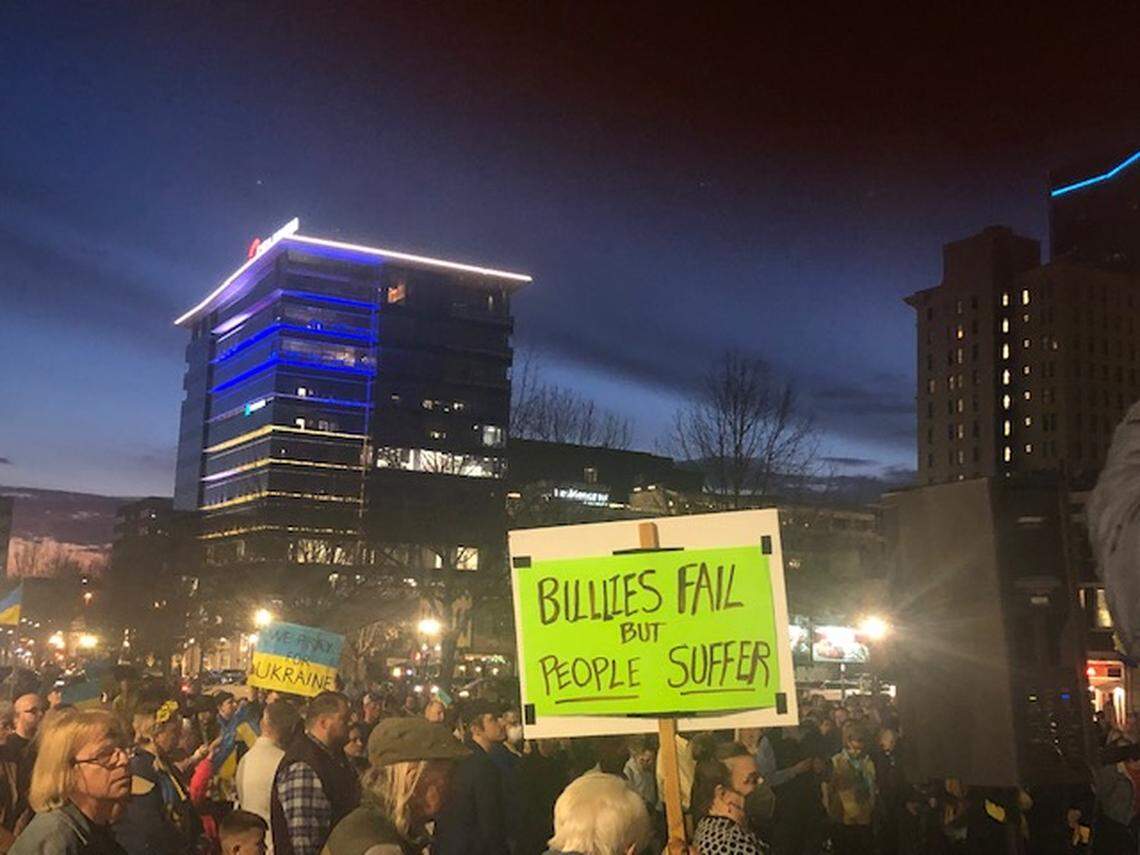 Hundreds attend a vigil in downtown Lexington in support of the Ukrainian population on March 3, 2022. City Center will be lit blue and yellow from March 1 to March 5 to show support for Ukraine.