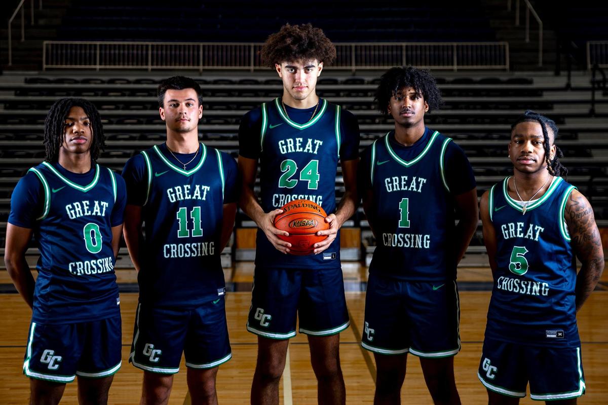 Herald-Leader preseason No. 1 Great Crossing, features Kentucky commit Malachi Moreno (24) and includes, from left, sophomore LJ Holman and seniors Gage Richardson, Vince Dawson and Junius Burrell, who posed in the Warhawks’ gym in Georgetown on Nov. 19.