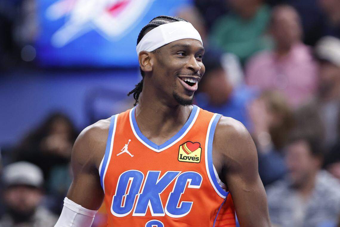 Nov 15, 2024; Oklahoma City, Oklahoma, USA; Oklahoma City Thunder guard Shai Gilgeous-Alexander (2) reacts during the fourth quarter of a game against the Phoenix Suns at Paycom Center. Mandatory Credit: Alonzo Adams-Imagn Images