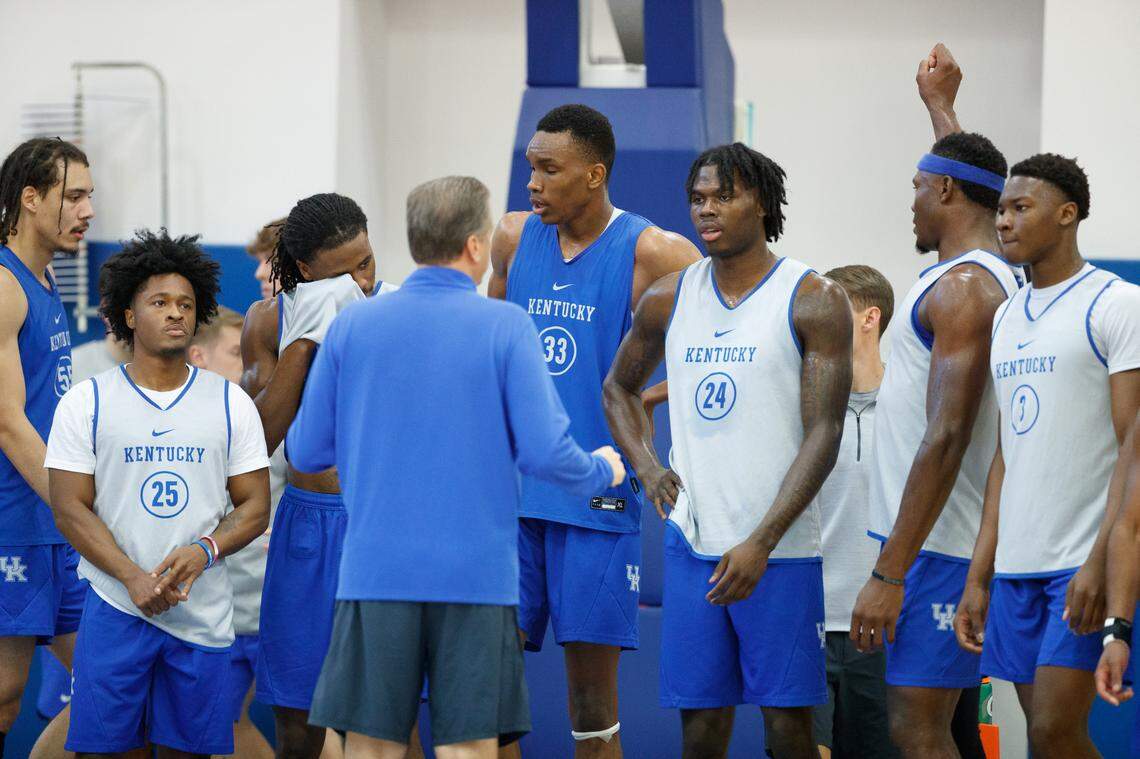 John Calipari speaks to the Kentucky basketball players during the team’s Pro Day event at the Joe Craft Center on Oct. 9.