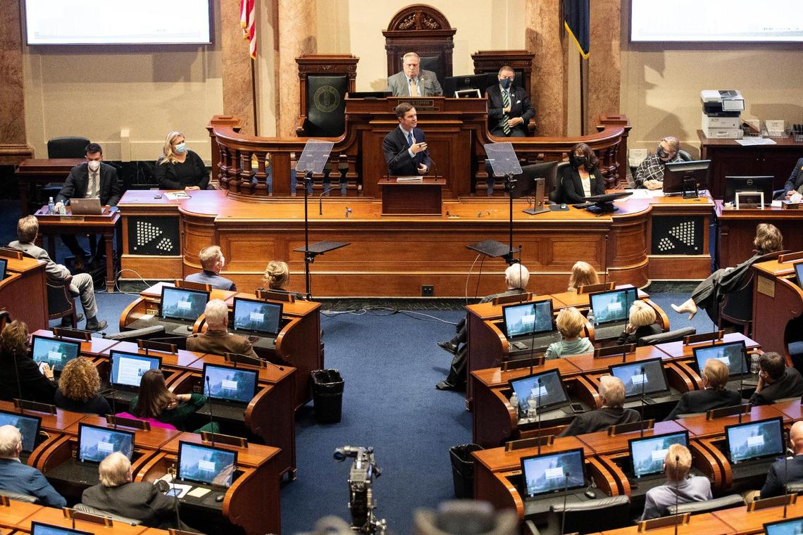 Gov. Andy Beshear, who is entering his third year in office, gives his State of the Commonwealth address at the Capitol in Frankfort, Ky., Wednesday, January 5, 2022.