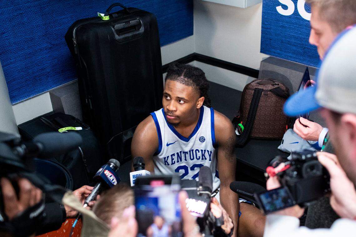 Kentucky guard Cason Wallace talks with reporters in the locker room after his team’s loss to Vanderbilt in the SEC Tournament quarterfinals. He had seven points, five assists, four rebounds and three steals.