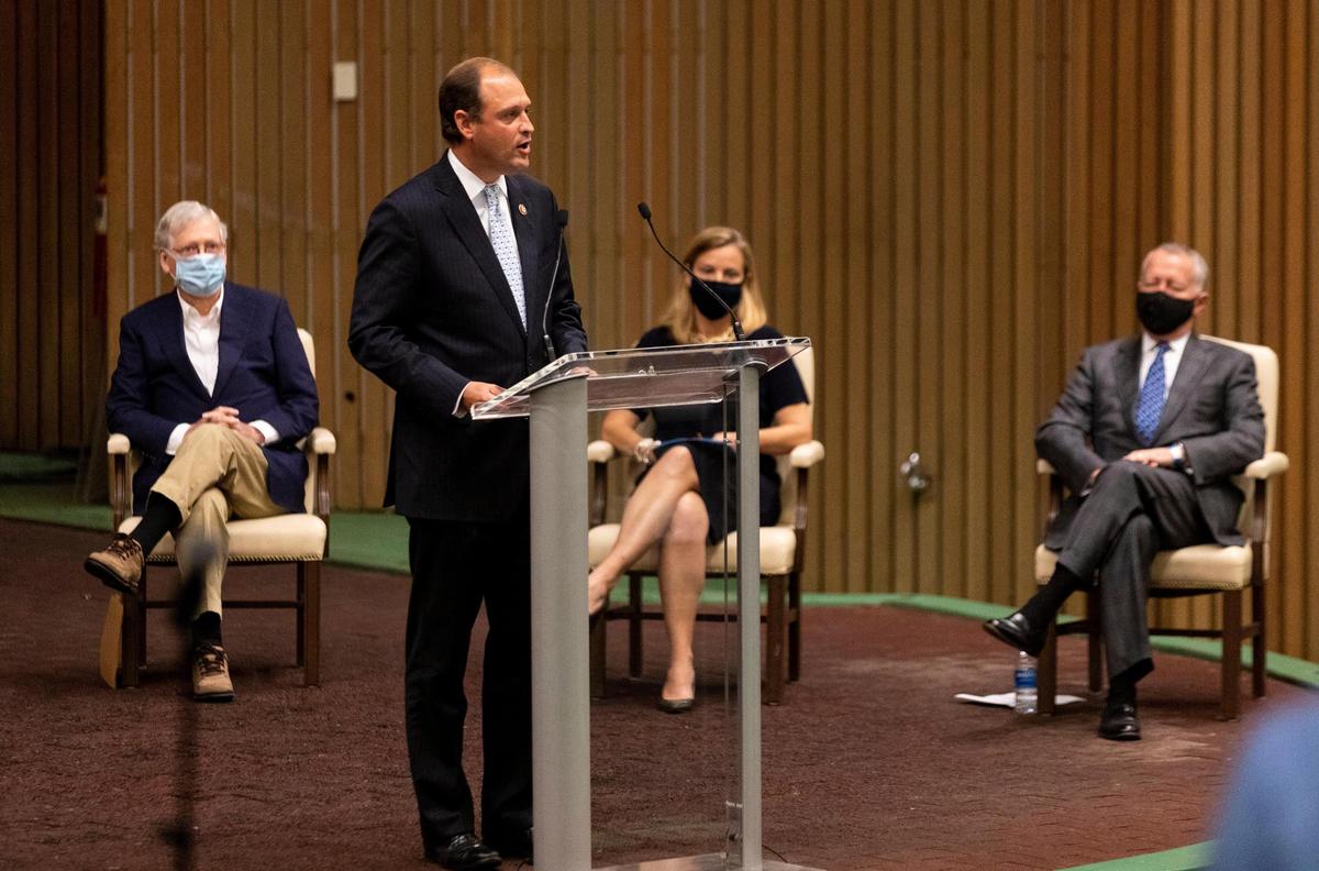 Congressman Andy Barr speaks after Sen. Mitch McConnell during a press conference announcing the Horseracing Integrity and Safety Act that will be introduced in Sept. at Keeneland in Lexington, Ky., Sunday, August 30, 2020.