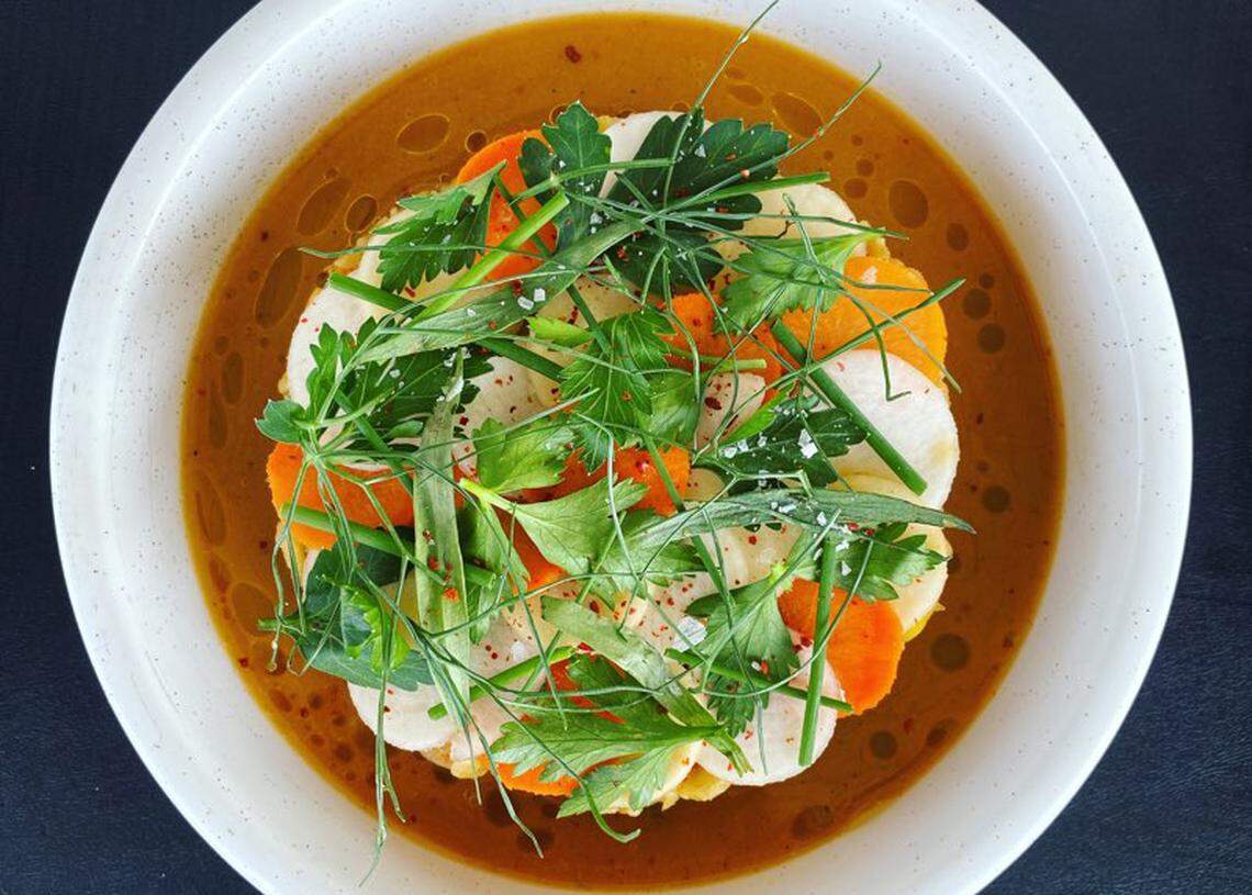 Rock shrimp, winter vegetables, cracked freekeh and country ham at The Bar at Willett.