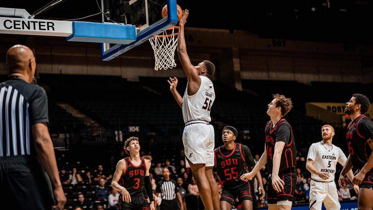 Isaiah Cozart (50) scored a career-high 31 points and made the game-winning free throws as Eastern Kentucky beat Southern Utah in the semifinals of the College Basketball Invitational at Daytona Beach, Fla., on Tuesday night.