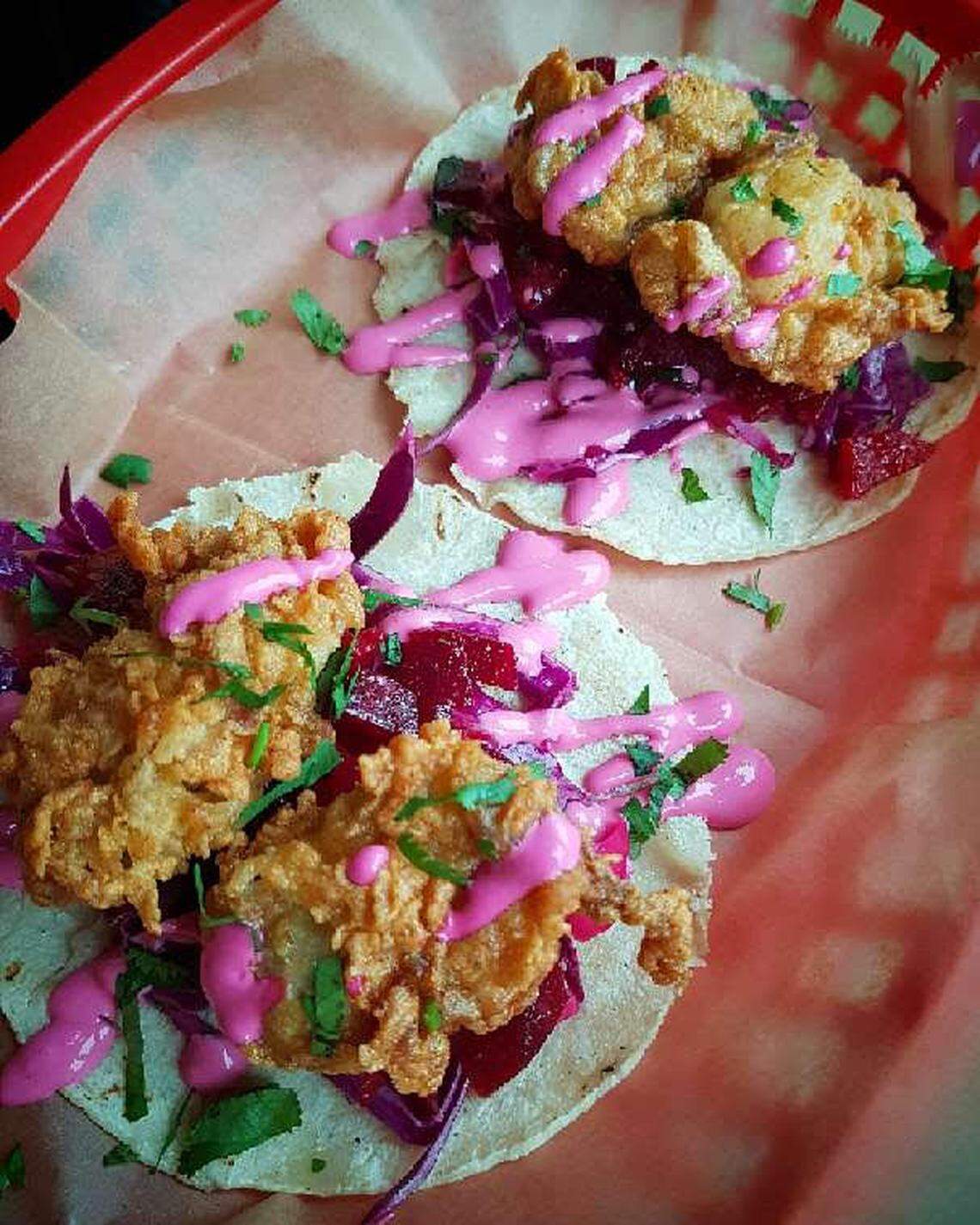 The Tacos de Amor are a Valentine’s Day tradition at Smithtown Seafood at West Sixth Brewery. They have four fried oysters and are topped with crema rosa for a pretty look. Available on Feb. 14.