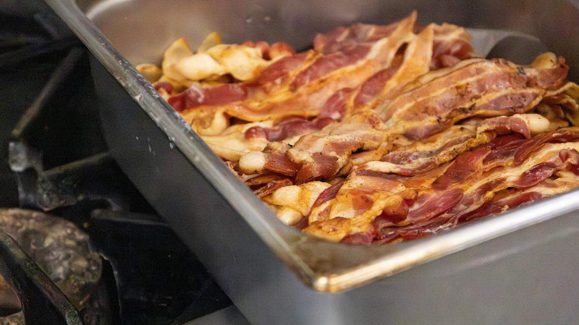 Crispy bacon hot and ready at Shelby's Diner adds flavor to comfort food on Nov. 19, 2025, in Frankfort, Ky. 