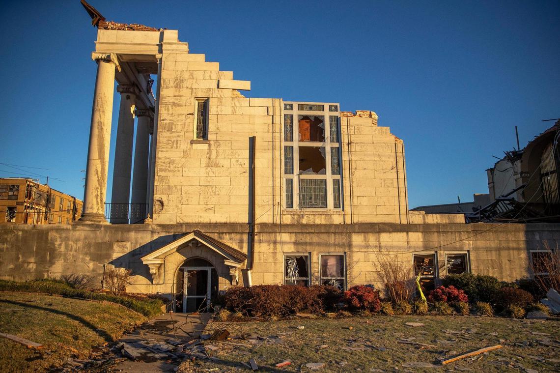 First United Methodist Church in downtown Mayfield, Ky., is heavily damaged Sunday, Dec. 12, 2021, after a tornado ripped through town Friday night.