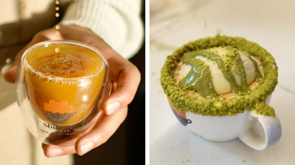 Two Yemeni drinks from Shibam Coffee, a new to Lexington coffee shop that will open in November near the UK campus. At left is Adeni Tea and at right is a Pistachio Affogato.