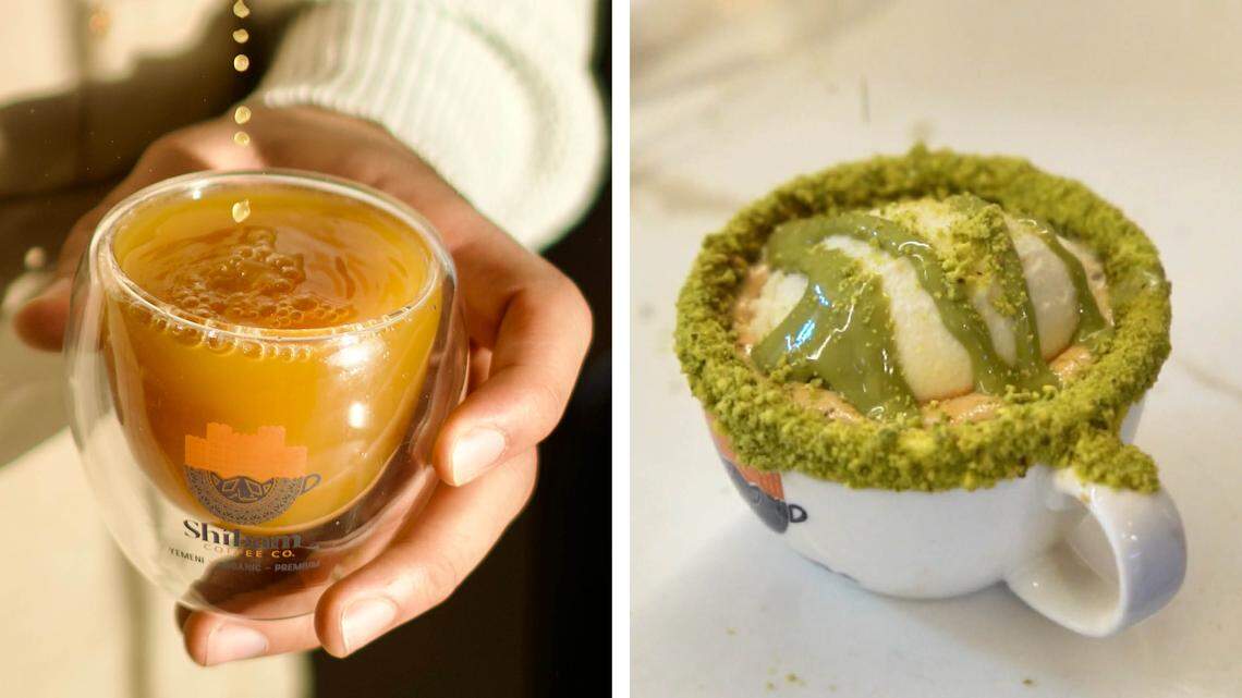 Two Yemeni drinks from Shibam Coffee, a new to Lexington coffee shop that will open in November near the UK campus. At left is Adeni Tea and at right is a Pistachio Affogato.