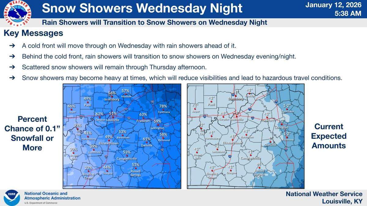 Some eastern areas of the Bluegrass region could receive around an inch of snow from a snowstorm forecast to affect the area Wednesday night through Thursday afternoon.