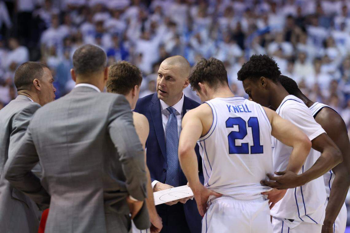 Jan 23, 2024; Provo, Utah, USA; Brigham Young Cougars head coach Mark Pope (center) prepares a play against the Houston Cougars during the second half at Marriott Center. Mandatory Credit: Rob Gray-USA TODAY Sports