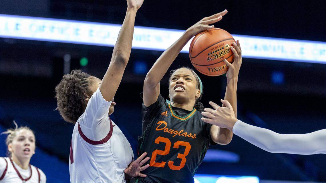 Frederick Douglass' Jaelee Knowles (23) drives during a first-round win over Henderson County in the 2026 Clark's Pump-N-Shop Girls' Basketball Sweet 16, Wednesday, March 11, 2026 at Rupp Arena in Lexington, Ky.