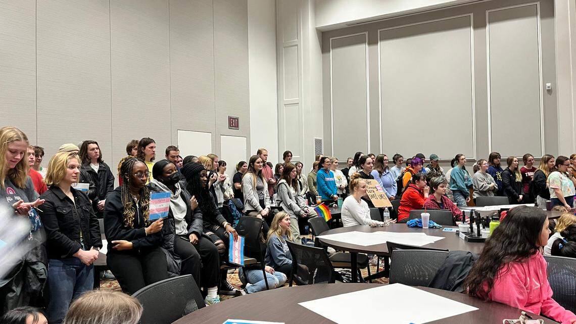 More than 100 people attended a rally for transgender rights at Transylvania University on Friday, March 3, 2023. The event was planned in response to recent anti-LGBTQ legislation introduced in Kentucky.