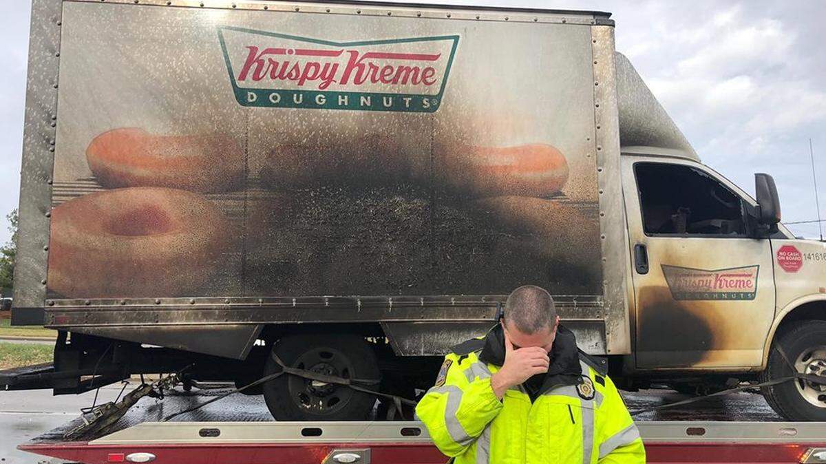 Lexington police were able to find humor in the situation after a Krispy Kreme truck burned Monday afternoon near Man o’ War Boulevard.