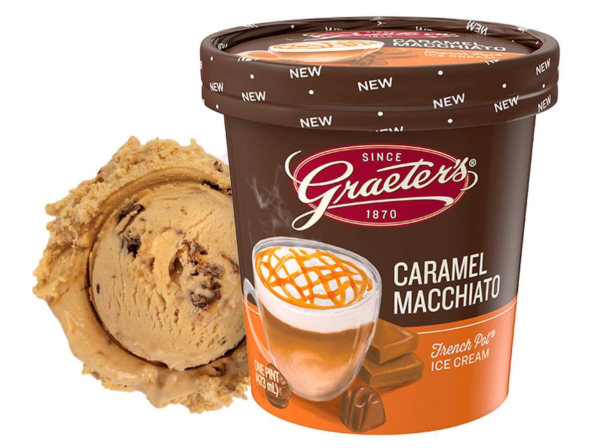 Graeter’s Caramel Macchiato is caramel and coffee ice cream with chunks of chocolate truffle and Heath Bar toffee.