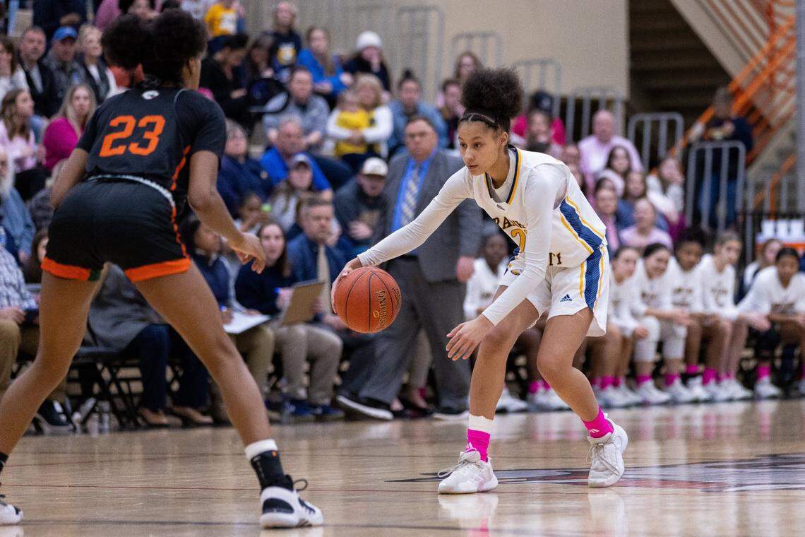 Franklin County’s Logan Kennedy (23) dribbles the ball up the court during the 11th Region finals at Paul Laurence Dunbar High School on March 9, 2024.