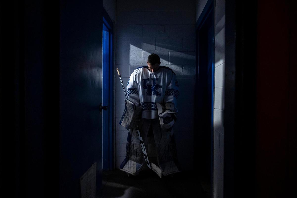 University of Kentucky goaltender Sam Tucker, a Berea native, waits to go onto the ice before the Wildcats’ game against Louisville at the Lexington Ice Center. He is one of just a few Kentuckians on the team; most of UK’s players hail from hockey hotbeds.