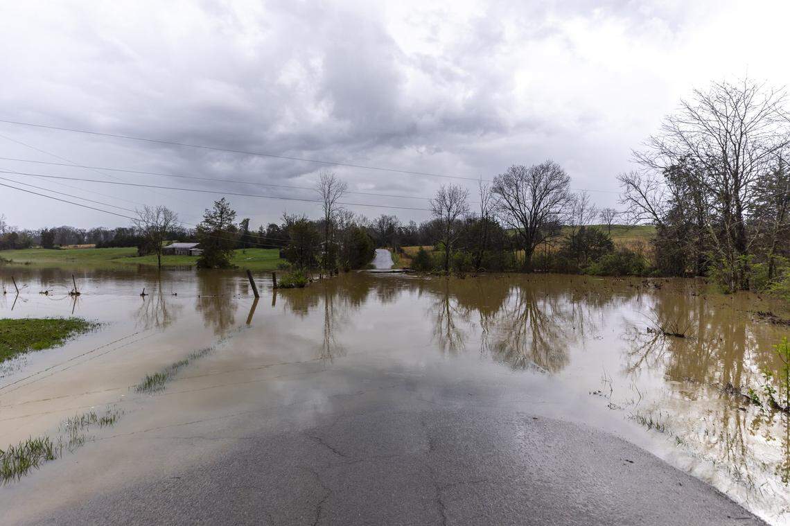 Deepwell Woods Road floods in Lincoln County, Ky., on Friday, April 4, 2025.