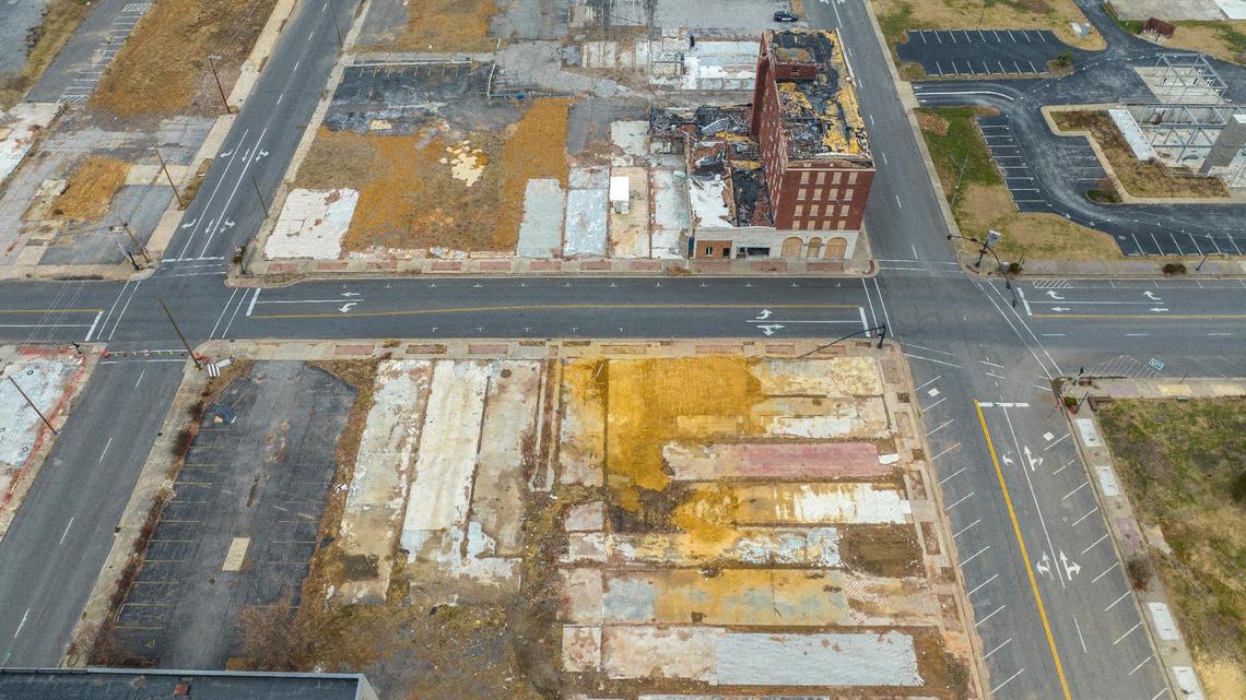 Downtown Mayfield, Ky., was largely empty on Sunday, Dec. 4, 2022, after debris was removed from buildings destroyed by a tornado in 2021.