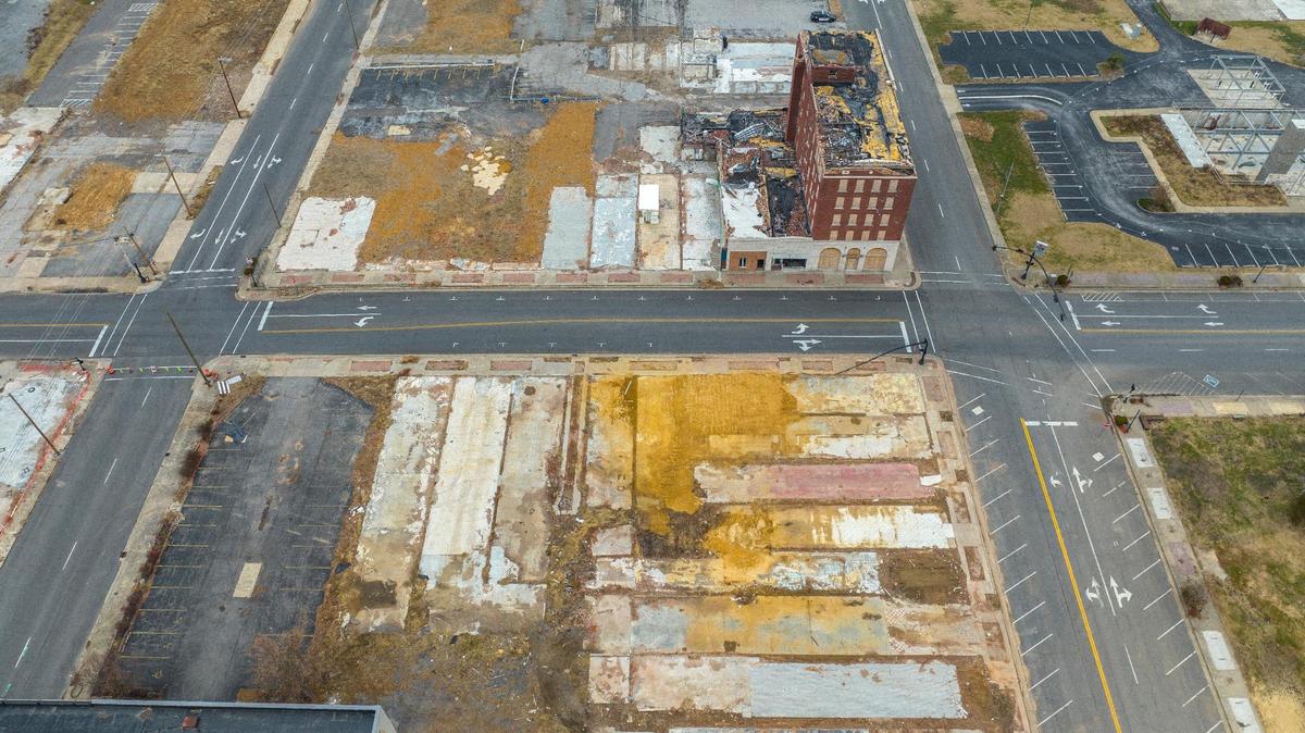 Downtown Mayfield, Ky., is largely empty on Sunday, Dec. 4, 2022, after debris was removed from buildings destroyed by a tornado nearly one year ago.