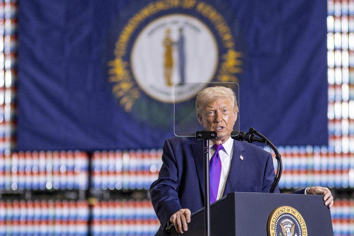 President Donald Trump speaks during his visit to Verst Logistics in Hebron, Kentucky, on Wednesday, March 11, 2026.