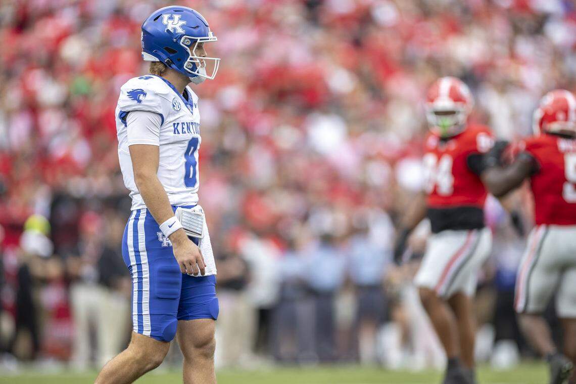 Kentucky quarterback Cutter Boley (8) reacts after the Wildcats failed to convert on third down during Saturday’s game at Georgia.