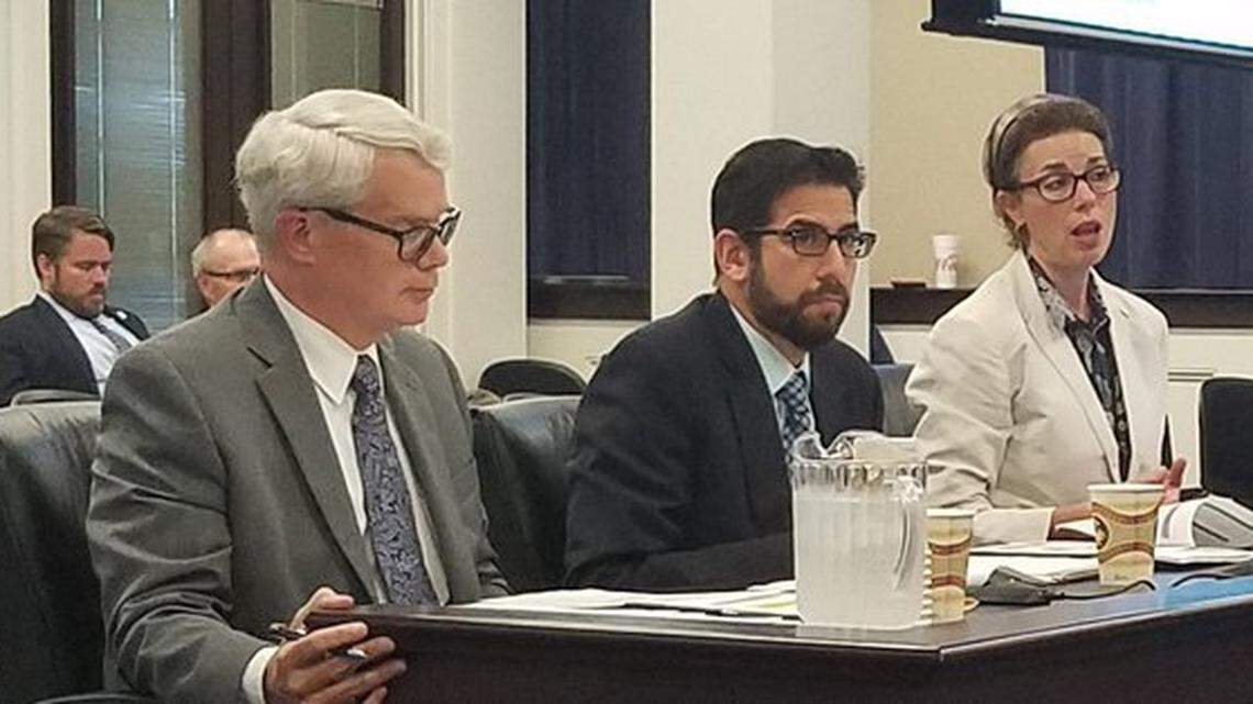 From left, David Wickersham Bart Liguori, and Deborah Nelson, all of the Kentucky Office of Education Accountability, present research on homeschooling in Kentucky to state lawmakers on September 18 in Frankfort.