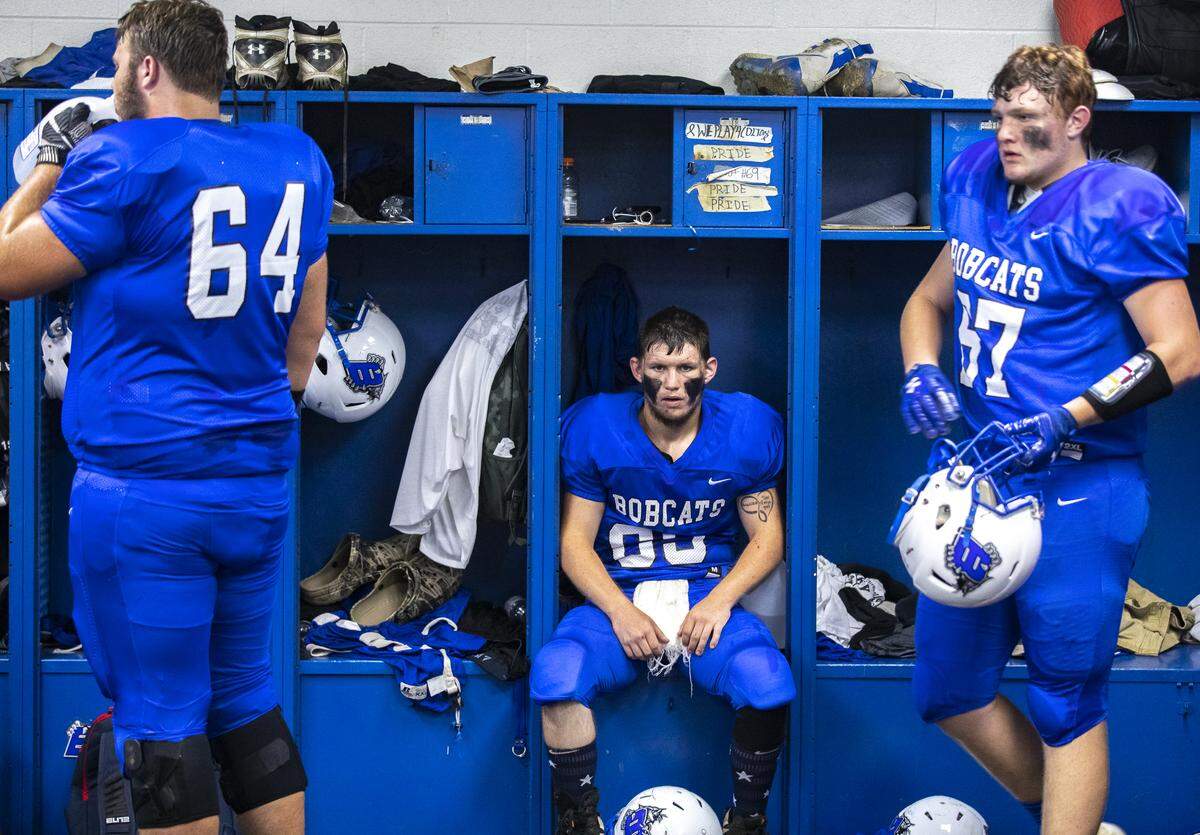 Breathitt County’s Damon Neace, a senior lineman, prepares for the start of Friday’s game against South Laurel.