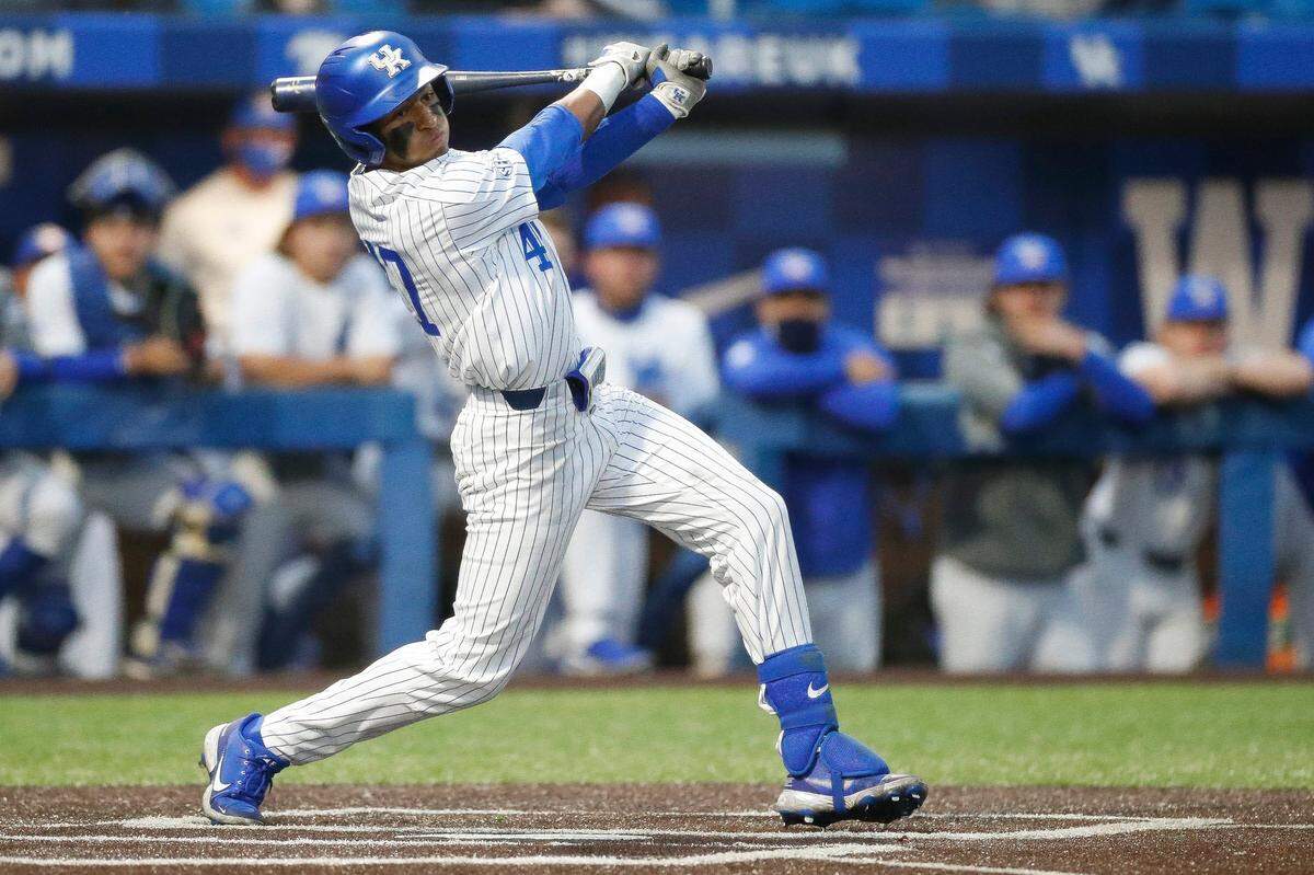 Kentucky Wildcats infielder Ryan Ritter (47) bats during a game against the Florida Gators at Kentucky Proud Park in Lexington, Ky., Thursday, May 6, 2021. Ritter is considered one of the best defensive shortstops in the country.