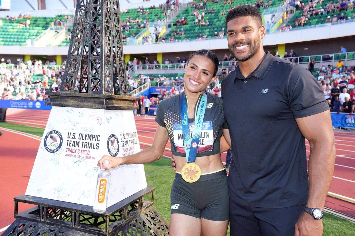 Sydney McLaughlin-Levrone posed with her husband, Andre Levrone Jr., after winning the women’s 400m hurdles at last summer’s US Olympic Trials.