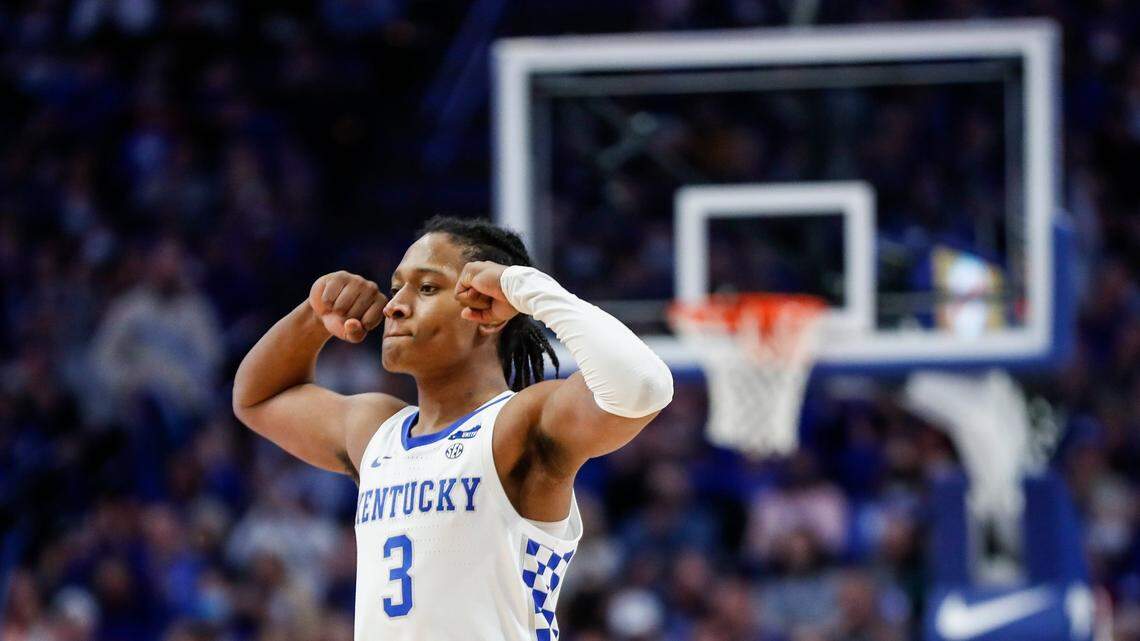 Kentucky’s TyTy Washington Jr. flexes after a teammates scored against Florida during a game at Rupp Arena on Feb. 12.