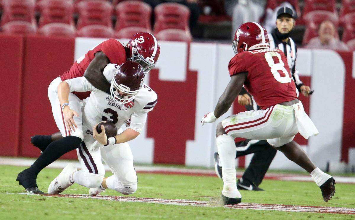 Alabama linebacker Dylan Moses (32) leads the Crimson Tide with 50 tackles and also has 5.5 tackles for loss, 1.5 quarterback sacks and one interception.