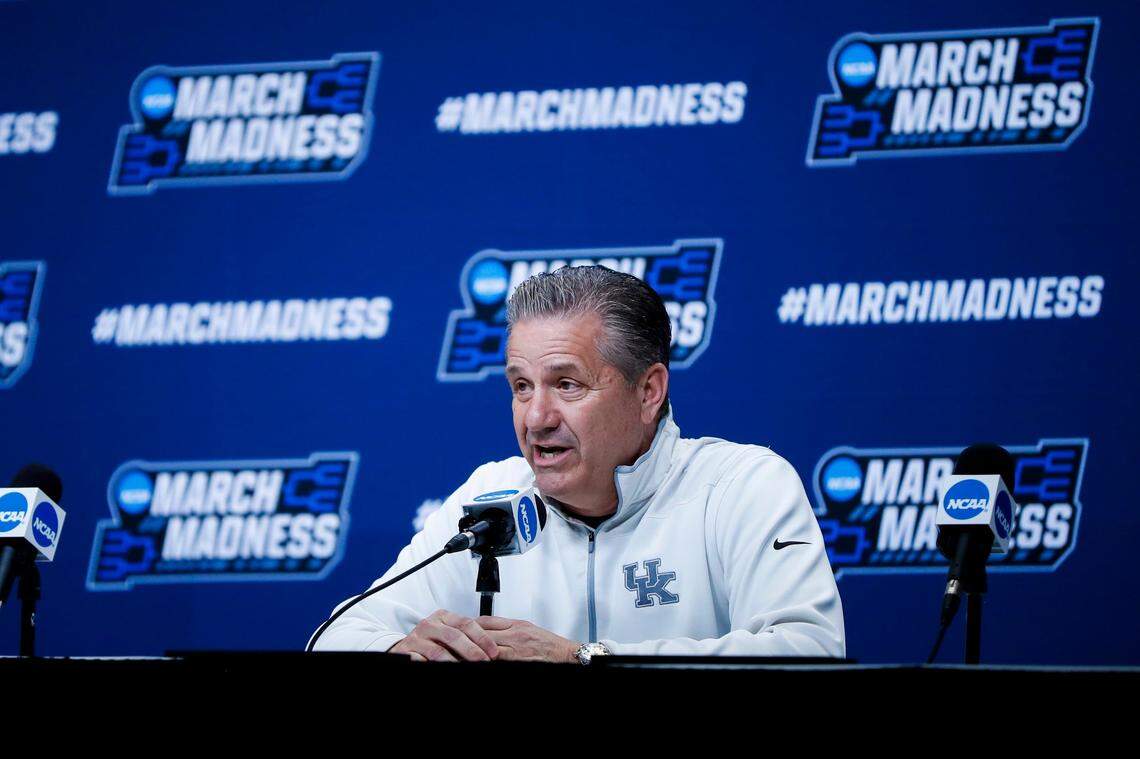 Kentucky head coach John Calipari speaks Wednesday at a press conference ahead of his team’s first-round NCAA Tournament game, an overtime loss, against Saint Peter’s.