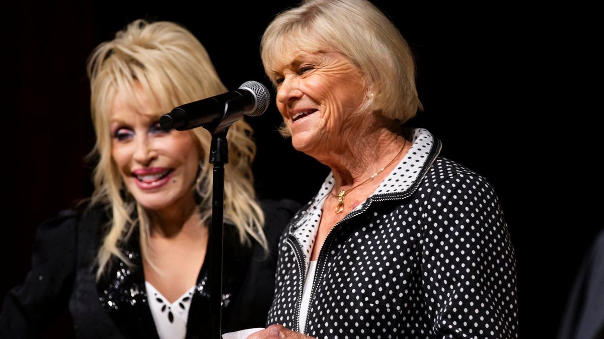 Imagination Library of Kentucky Advisory Board Chair and former First Lady Jane Beshear thanks Dolly Parton at the Lyric Theater in Lexington, Ky., on Tuesday, August 27, 2024.