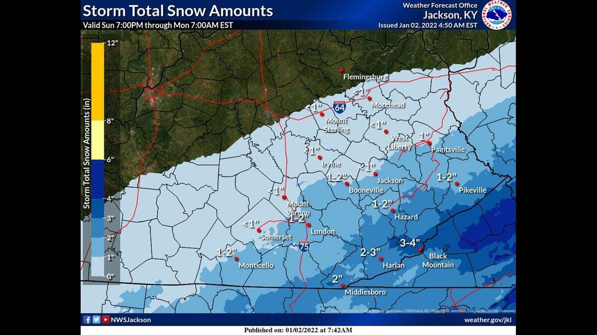 The National Weather Service in Jackson has warned of snowfall in Eastern Kentucky on Sunday, Jan. 2, 2022.