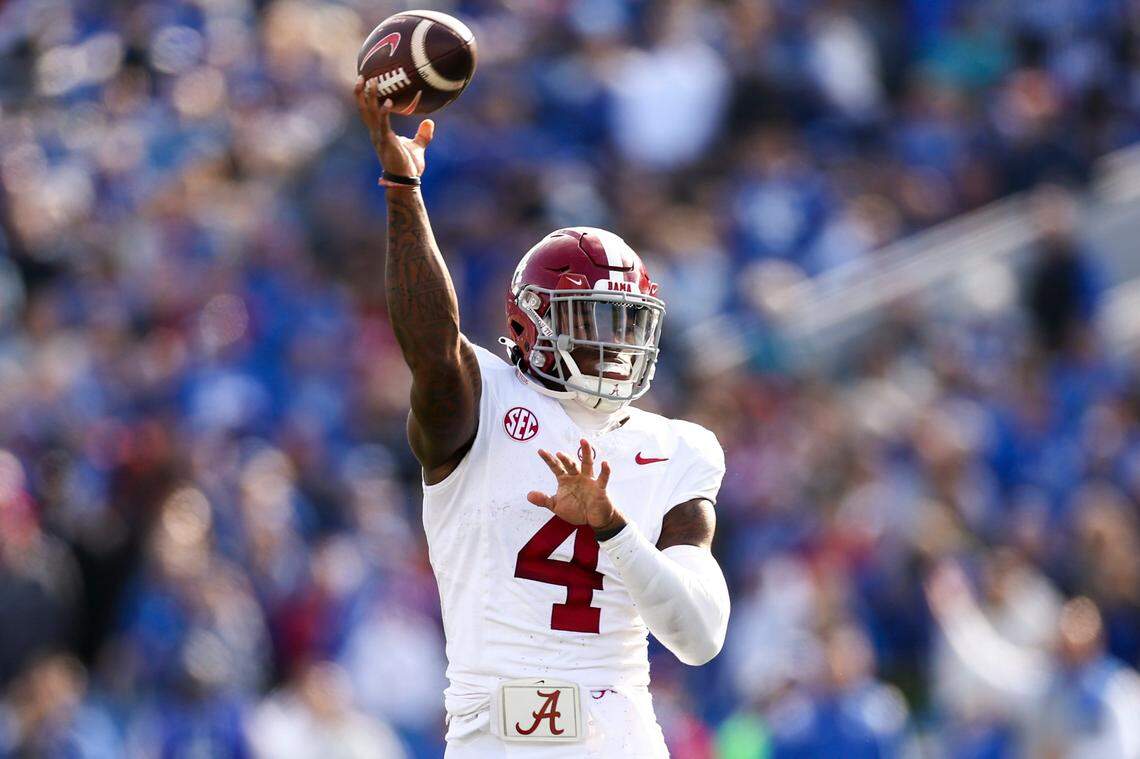 Alabama quarterback Jalen Milroe passed for three touchdowns and ran for three more during the Crimson Tide’s win over Kentucky at Kroger Field on Saturday.