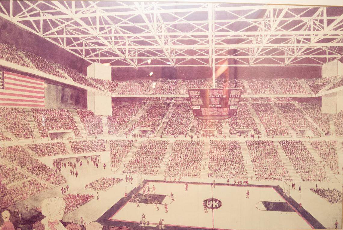 This sketch that hangs on the wall in Jim Host’s basement is of a Rupp Arena that would have seated in excess of 25,000 fans. “We couldn’t fit (an arena that size) on the site,” Host says. “That’s why we scaled it back.”
