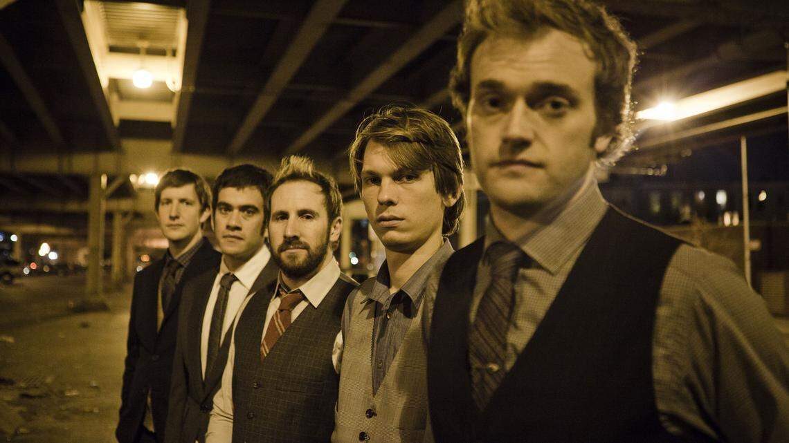 The Punch Brothers are Chris Eldridge, left, Noam Pikelny, Gabe Witcher, Paul Kowert and Chris Thile. The group has drawn a large fan base and critical acclaim since its 2008 debut album, Punch.