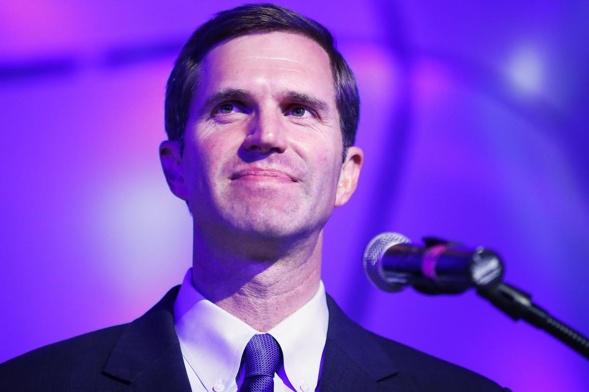 Democratic gubernatorial candidate Andy Beshear speaks to supporters after winning the primary election at the C2 Event Venue in Louisville, Ky., Tuesday, May 21, 2019.