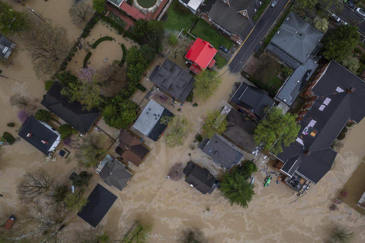 The Kentucky River floods in Frankfort, Ky., on Sunday, April 6, 2025.