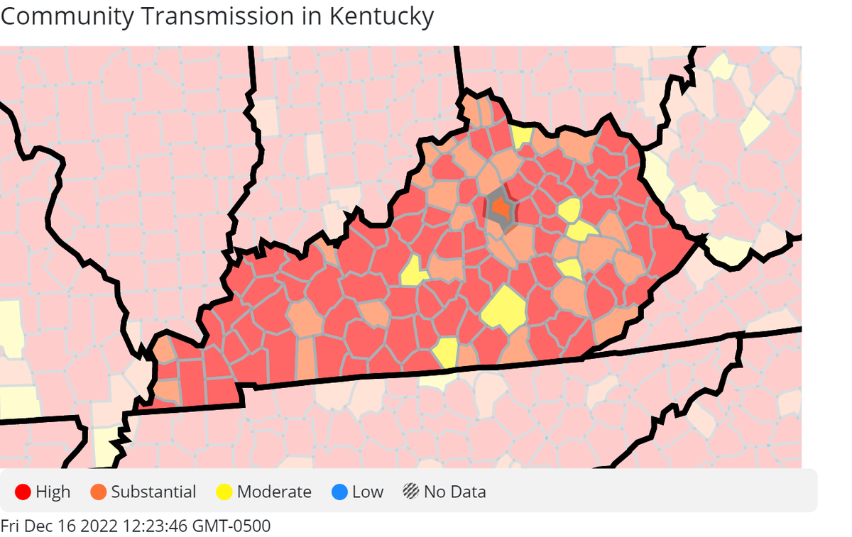 Community transmission of COVID-19 by Kentucky county, per the CDC, as of Dec. 16, 2022. 