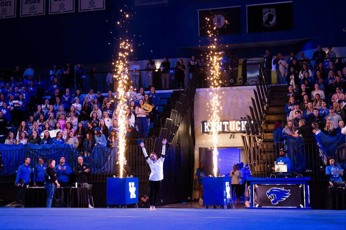 Cadence Gormley enters the Memorial Coliseum floor during introductions before Kentucky took on Alabama on Friday night.